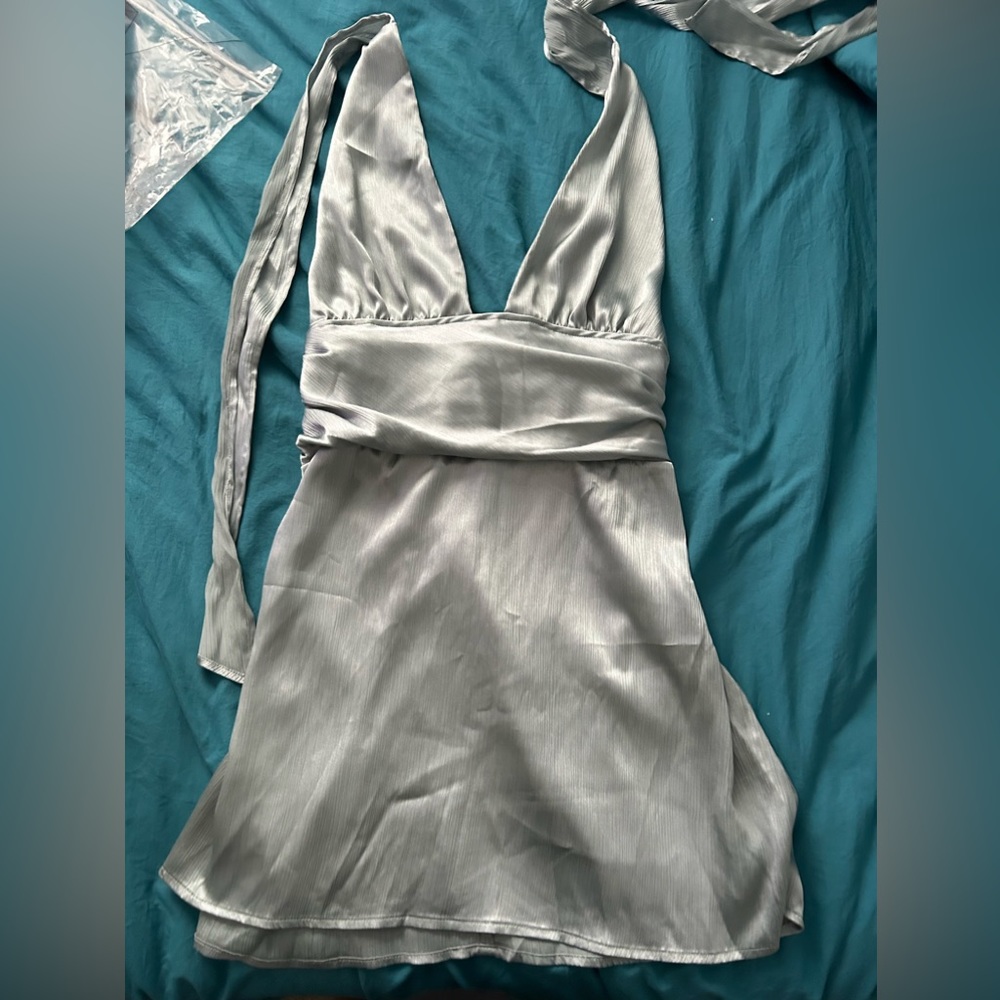 Solid Deep V Halter Mini Dress